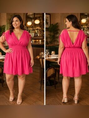 Forever 21 Hot Pink V-Neck Smocked Waist Mini Dress